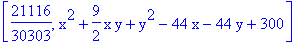 [21116/30303, x^2+9/2*x*y+y^2-44*x-44*y+300]